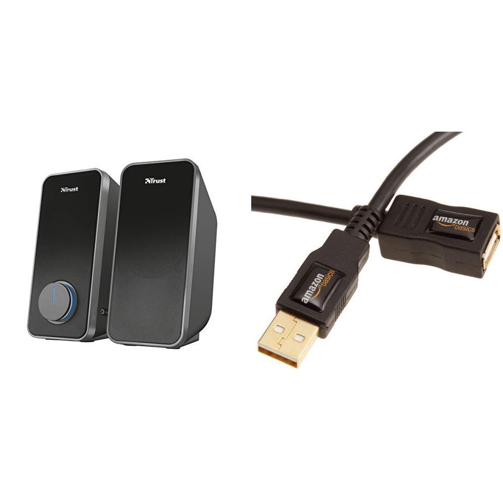 Trust Arys 2.0 PC Speakers for Computer and Laptop, 28 W, USB Powered, Black & Amazon Basics USB 2.0 A-Male to A-Female Extension Cable 3 m / 9.8 Feet