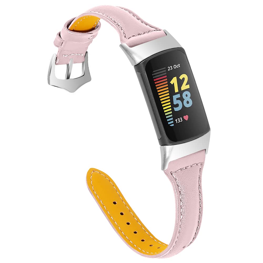 Gimuk Leather Strap Compatible with Fitbit Charge 5, Women Men Genuine Leather Sport Band Replacement Watch Strap Wristband Bracelet for Charge 5 Fitness Tracker (Pink)