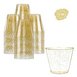 Glitter Disposable Cups | 5 oz. 100 Pack | Clear Plastic Cups | Gold Glitter Plastic Party Cups | Disposable Plastic Wine Glasses for Parties | Plastic Cocktail Glasses | Wedding Holiday Tumblers