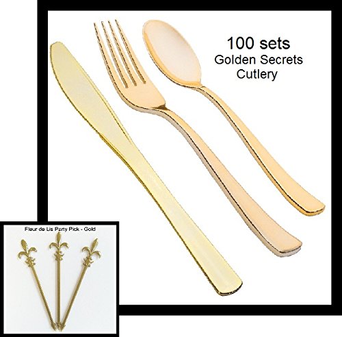 Click Here to See More Images Gold Plastic Cutlery 300-PIECE Combo Pack, GOLDEN SECRETS, Includes 100 Forks, 100 Knives, 100 Spoons w/Signature Party Picks