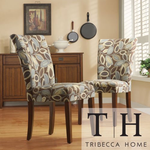 Home Leaf Print Accent Parson Side Chairs (Set of 2). These accent chairs can add interest to a bland living room or dining room. Leaf print pattern with mocha, navy, blue, and beige is sure to delight.