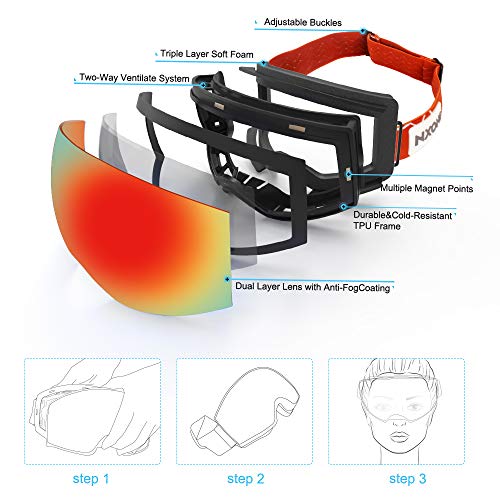 NXONE Snow Goggles Anti-Fog UV Protection Snowboard Goggles with Interchangeable Dual Layer Lens Ski Goggles for Men Women Black Frame with Red Lens