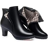 Hhhchpm Women's Mid Block Heel Ankle Boots Fashion Rhinestones Buckle Decor Comfort Warm Fur Lined Chunky Heels Snow Boots with Side Zipper