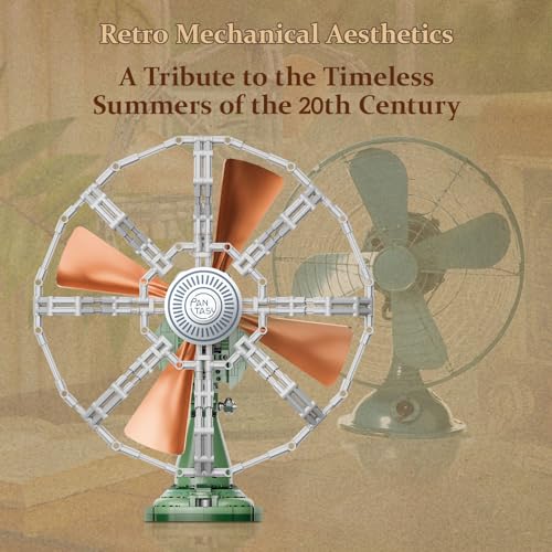 PANTASY Vintage Desk Fan Building Set, Mechanical Oscillating Motorized Brick Fan, Retro Green Desk Decoration Object Collectible for Adults
