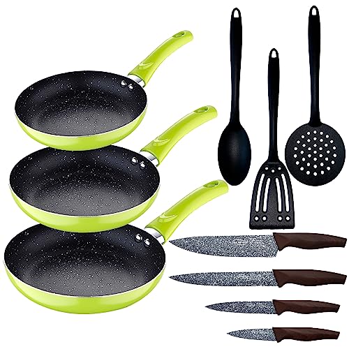 San Ignacio 3-teiliges Pfannen-Set (20 + 24 + 28 cm) grün gepresstes Aluminium mit 3 Küchenutensilien-Set mit 4 Messern aus Edelstahl