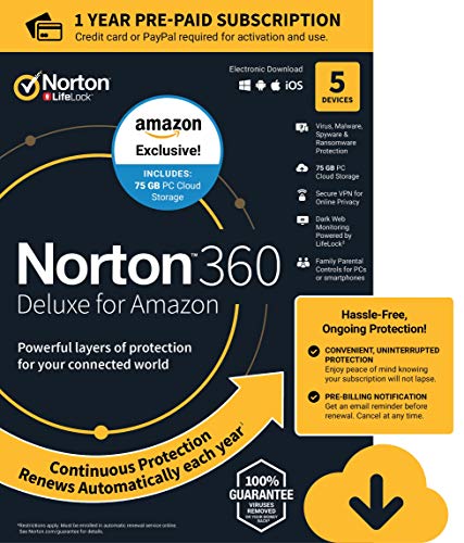 EXCLUSIVE Norton 360 Deluxe - Antivirus software for 5 Devices with Auto Renewal - Includes 75GB PC Cloud Backup, VPN & Dark Web Monitoring powered by LifeLock