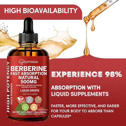JUYIHEAL Berberine Supplements, 500mg Berberine HCL for Healthy Lipid (Fat) & Glucose Metabolism, Pure, Vegan, Alcohol & Sugar Free Berberine Drops - 120ML Liquid