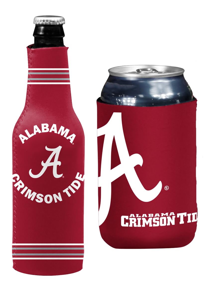 College Team Color Logo Can & Bottle Holder Insulator Beverage Cooler Set (Alabama Crimson Tide - Dynamic)