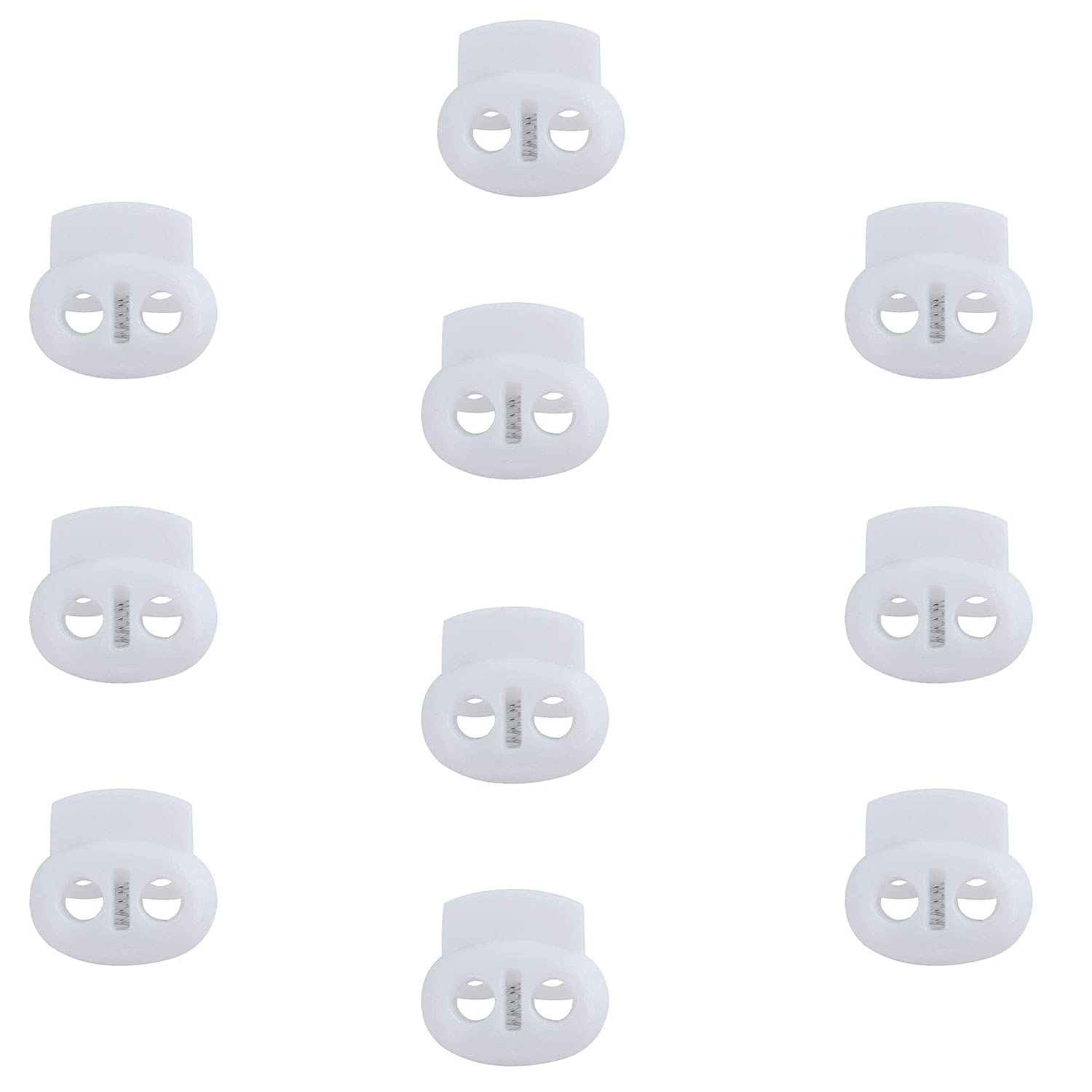Trimming Shop Plastic Toggle Stopper Cord Locks Spring Loaded Elastic Drawstring Bean Shape Twin Hole Button for DIY Projects, Sportswear, Luggage, Shoelaces, Backpack, Clothing, White, 10pcs