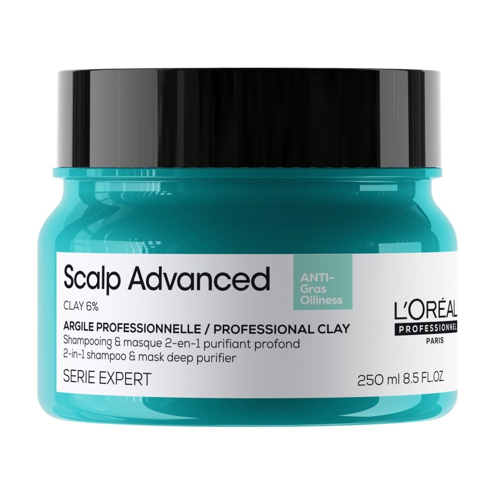 L'Oréal Professionnel Scalp Advanced, Professional Clay Anti-Oiliness 2-in-1 Deep Purifier Shampoo and Hair Mask, For Oily and Greasy Hair, Serie Expert, 250ml