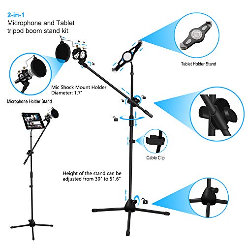 Microphone and Tablet Tripod Boom Stand Kit, Kasonic 2-in-1 Adjustable Studio Mic Stand with Tablet Holder Suitable for 7 to 12 Inch iPad and Tablet