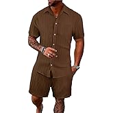 Men's Tropical Vacation Short Sleeve Button Down Shirt and Shorts Matching Set Summer Beach Casual Wear