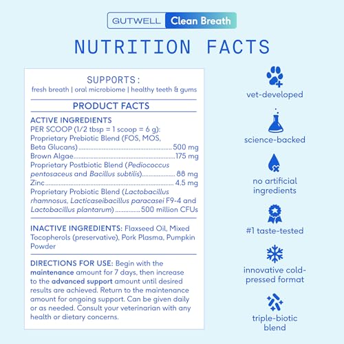 Native Pet GutWell Clean Breath - Dog Breath Freshener & Dog Teeth Cleaning Powder Cold-Pressed to Reduce Plaque, Tartar & Promote Oral Health with Triple-Biotic Blend, Brown Algae & Zinc - 60 Scoops