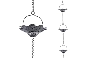 Qipade Black Lotus Rain Chain, 8.3 Ft Metal Rain Catcher Chain for Eaves Drainage, Rain Gutter Chains with 12 Cups, Replacement for Downspout, Outdoor Decor