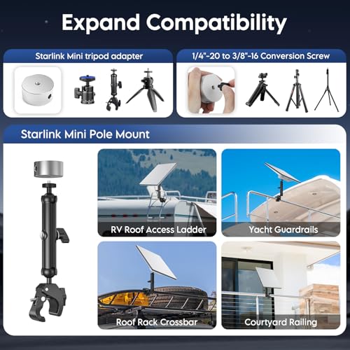 Soporte Mini Starlink, Montaje para Poste Starlink Mini para Casa Rodante | Para Starlink Mini y Mini X, Soporte Ajustable con Abrazadera y Adaptador de Aluminio para Techo y Escalera