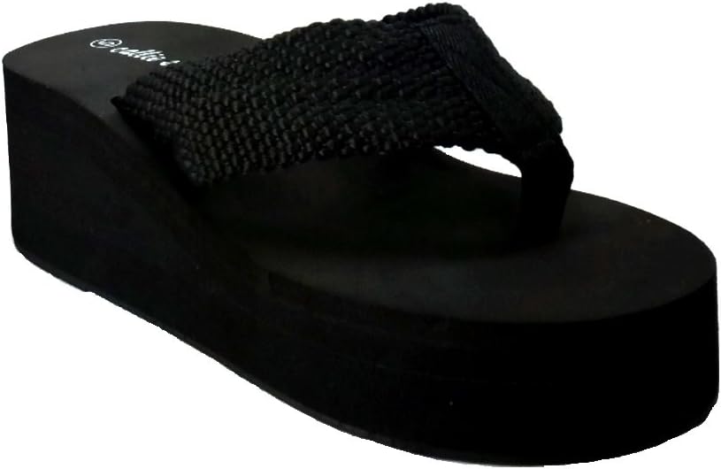 Callie Women's Crush Webbing Upper Platform Thong Flip Flop Slipper (8, Black)