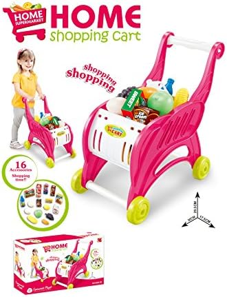 Shopping Cart Toy, Kids Supermarket Cart Simulation Shopping Trolley PRETEND Toy with 27 Pieces of Fruits, Vegetables, Food, Pretend Play Toy Grocery Cart Yellow/Red/pink
