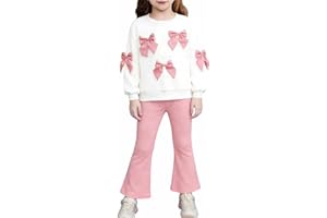 Girls Long Sleeved Sweatshirt and Pants Set Bowknot Round Neck Pullover with Solid Color Wide Leg Flared Pants 1-8 Years