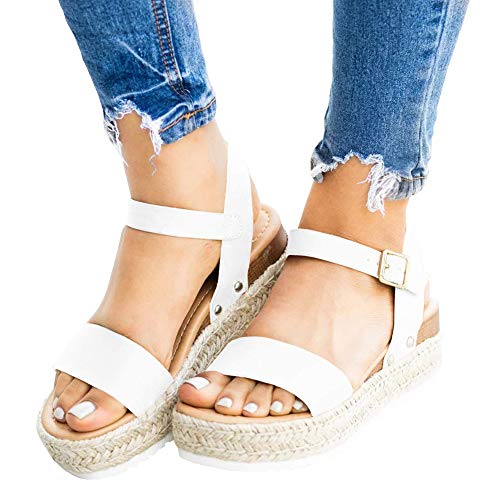 Ecolley Casual Sandals for Women Sexy Plain Ankle Strap Open Toe Espadrille Platform Size 42 - Thumbnail 3