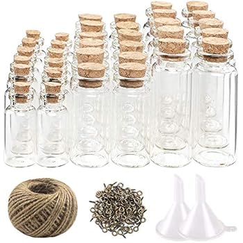 CUCUMI 44pcs Mini Glass Jars Bottles with Cork Stoppers Wish Bottles（20pcs 5ml and 12pcs 10ml and 12pcs 20ml）,50pcs Eye Screws,30 Meters Twine and 2pcs Funnel