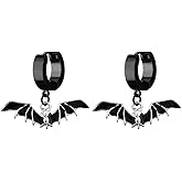 18GA Black PVD Plated Stainless Steel Black Bat Dangling Huggie Hoop Earrings, Sold as a Pair