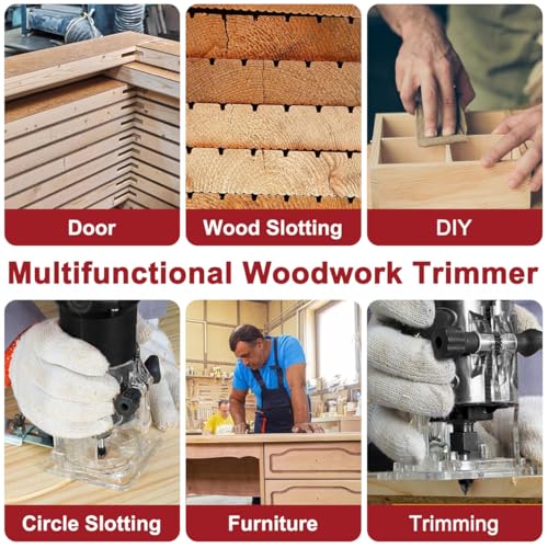 Wood Router 800W Compact Electric Trimmer Laminate 30000r/min, Wood Router with 15pcs Milling Cutter Edge Guides 1/4" 6.35mm Hand Palm Woodwork Machine Joiner Tool for DIY Slotting Trimming Handicraft