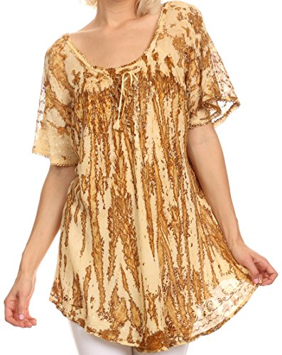 Sakkas 787New - Zoya Marbled Embroidery Cap Sleeves Blouse/Top - Dijon - OS