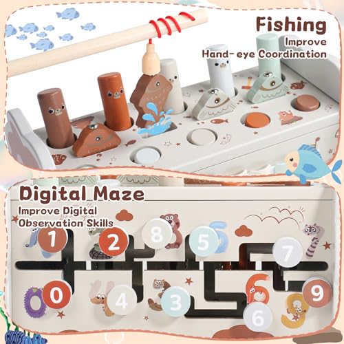 Baby Toy 1 Year – Montessori Games 1 Year 4 in 1 Montessori Toy with Taupe Tape-Taupe Xylophone Baby Fishing and Maze Toys for 1 Year Old Educational Wooden Ideal Christmas Gift Child 1 Year Old Girl Boy