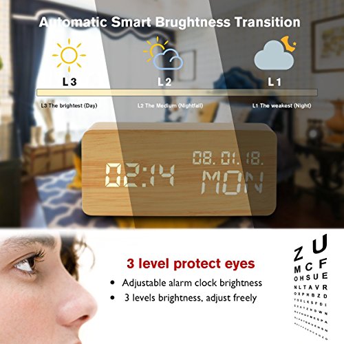image for Kindak Led Digital Analog Alarm Clocks, Wooden Travel Clock with Time/