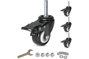 8T8 2 Inch Caster Wheels with Brake, PU Casters Set of 4, Heavy Duty, 3/8”-16x1-1/2”(Screw Diameter 3/8", Length 1.5") Threaded Stem Swivel Casters, Mount Industrial Castors