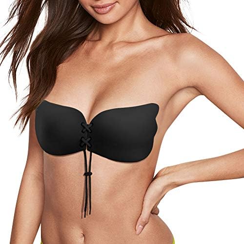 SAWMONG Adhesive Strapless Silicone Invisible Backless Sticky Bra with Push up Drawstring for Women