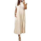 HJKOUYT Women Crewneck Pleated Maxi Dress Casual Loose Solid Color Cap Sleeve Elegant Long Dress