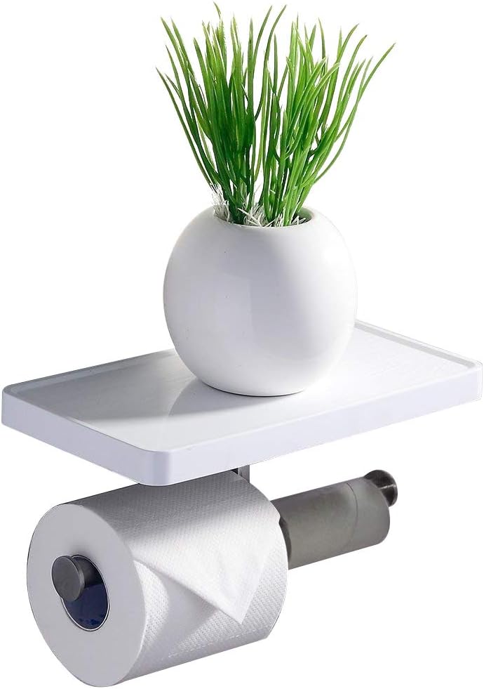 Toilet Paper Holder S R SUNRISE Stainless Steel with Shelf Double Roll Storage Bathroom Dual Paper Towel Dispenser Tissue Roll Hanger Wall Mount, White Painting