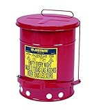 Justrite J09100  09100; Galvanized-steel; Safety cans; For Oily waste; Red; Foot Operated cover; Raised, ventilated Bottom; Reinforced ribs; Self-closing; UL listed; FM approved; Capacity: 6 gal. (23L)