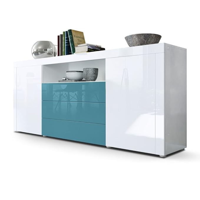 Vladon Sideboard Kommode Santiago, Korpus in Weiß Hochglanz/Fronten in Weiß Hochglanz und Petrol Hochglanz
