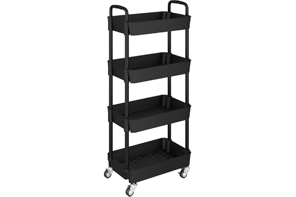 UDEAR 4-Tier Kitchen Rolling Utility Cart,Multifunction Organizer,Black | With Handle and 2 Lockable Wheels for Kitchen,Bathr