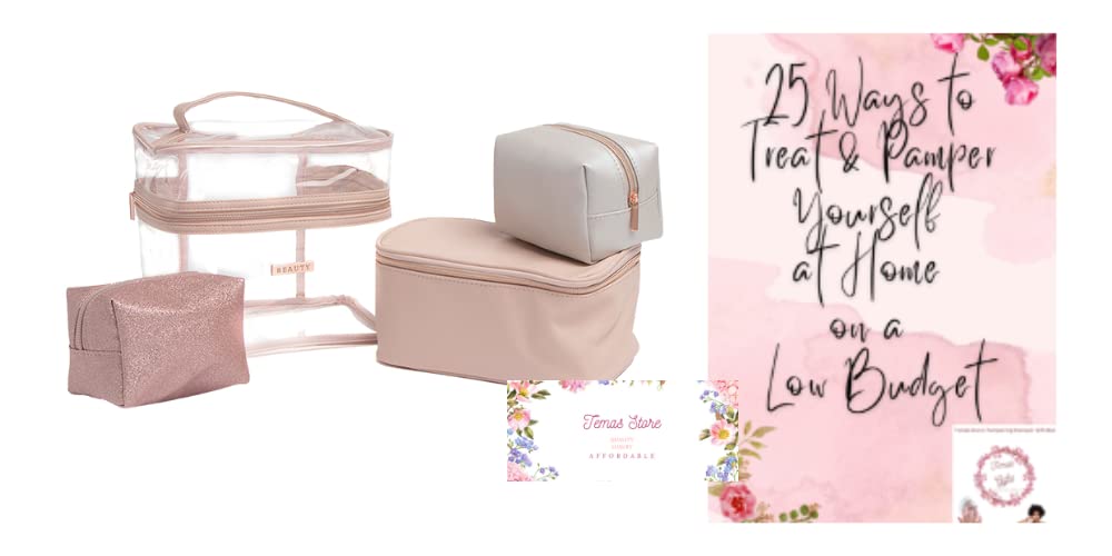 Temas Make Up Bag Gift Set Contains A La Mode 4 Pack Cosmetic Bags Gift Set, 25 Ways to Pamper Yourself at Home Guide | Women Pamper Set | Large Makeup Bags with Compartments | Makeup Case for Travel