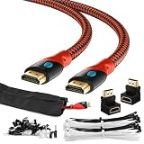 Maximm HDMI High Speed Cable 6 Feet for Ethernet 3D 4K Audio Return Blu-Ray Playstation Xbox & Streaming. Red & Black Braided Cable 30AWG - Cable Sleeve Ties Clips 90 & 270 Degree Adapter Included