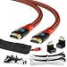 Maximm HDMI High Speed Cable 6 Feet for Ethernet 3D 4K Audio Return Blu-Ray Playstation Xbox & Streaming. Red & Black Braided Cable 30AWG - Cable Sleeve Ties Clips 90 & 270 Degree Adapter Included