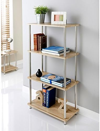 Svar Stylish Oak Effect 4 Tier Shelf Unit Oak Shelves, Stainless Steel Legs