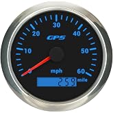 85mm Boat Speedometer 60MPH GPS Gauge Odometer with 7 Backlights for Car Truck Replacement Gauge 9-32VDC Waterproof Type (Black&amp;Silver, 0-60 MPH)