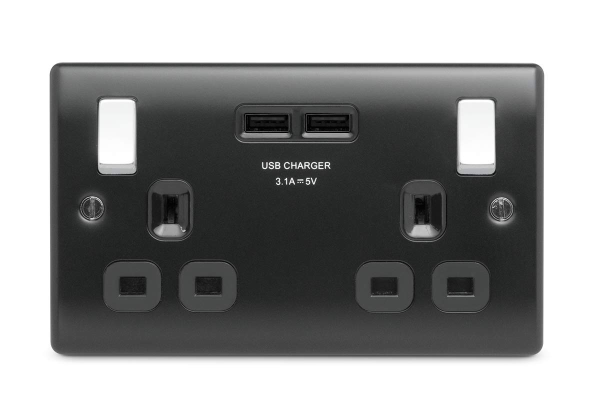 BG Electrical Nexus Metal Double Switch Socket with 3.1 A USB, Matt Black with Chrome Switches โ image 1