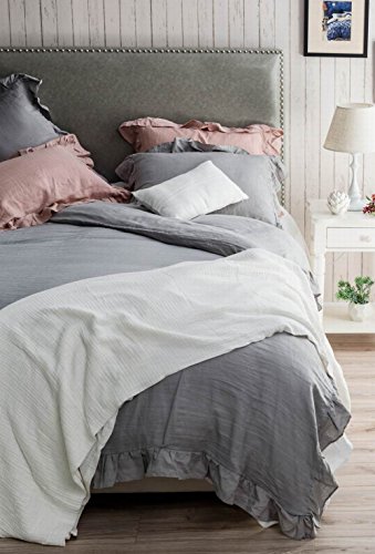 meadow park Stone Washed French Linen Duvet Cover Set 3 Pieces - Super Soft, King Size - 104 inches x 94 inches - Shams 20 inches x 36 inches, Ruffled Style - Button Closure - Corner Ties, Grey Color