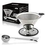 ONME Stainless Steel Pour Over Coffee Filter Dripper, Reusable Coffee Filter, Camping Coffee Maker with Cup Stand, Bonus Coffee Scoop with Silicon Handle - 4 Cups
