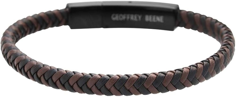 Geoffrey Beene Men's Braided Genuine Leather Fashion Bangle Bracelet with Stainless Steel Clasp (Brown): Clothing