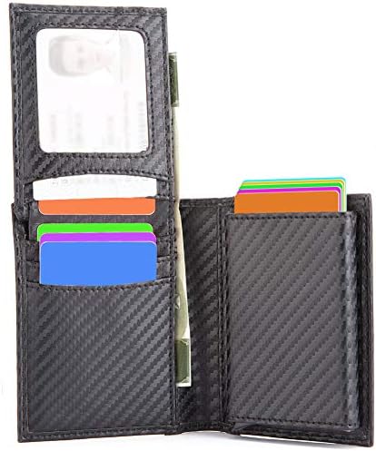 Leather Wallet Credit Card Holder RFID Blocking | KOOGOO Card Case Wallet Aluminum Pop-up Card Pack Portable Travel Wallet Money Clip (Carbon Black)