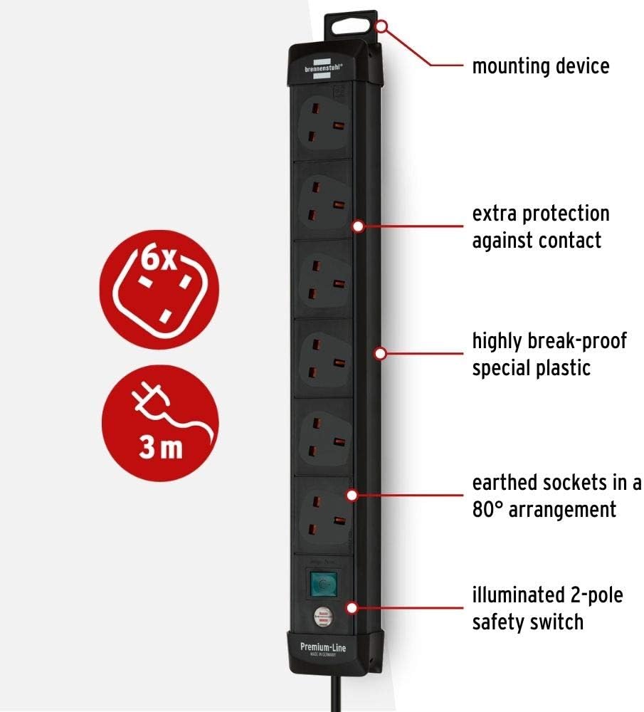 Brennenstuhl Premium-Line, 6-way extension lead (switch and 3m cable - 80° angle of sockets) colour: black - Image 3