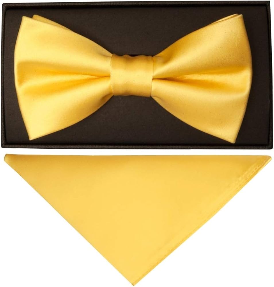 TIES R US Plain Gold Handmade Mens Bow Tie and Pocket Square Set