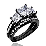 FlameReflection Wedding Band Sets for Women Black Stainless Steel Engagement Ring Set Princess CZ SPJ