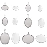 Bestewelry 12 Pcs 304 Stainless Steel Pendants Cabochon Settings Vintage Oval Bezel Pendant Trays Blank Bases Pendant with Clear Glass Cabochons for DIY Crafts Photo Jewelry Making Necklace